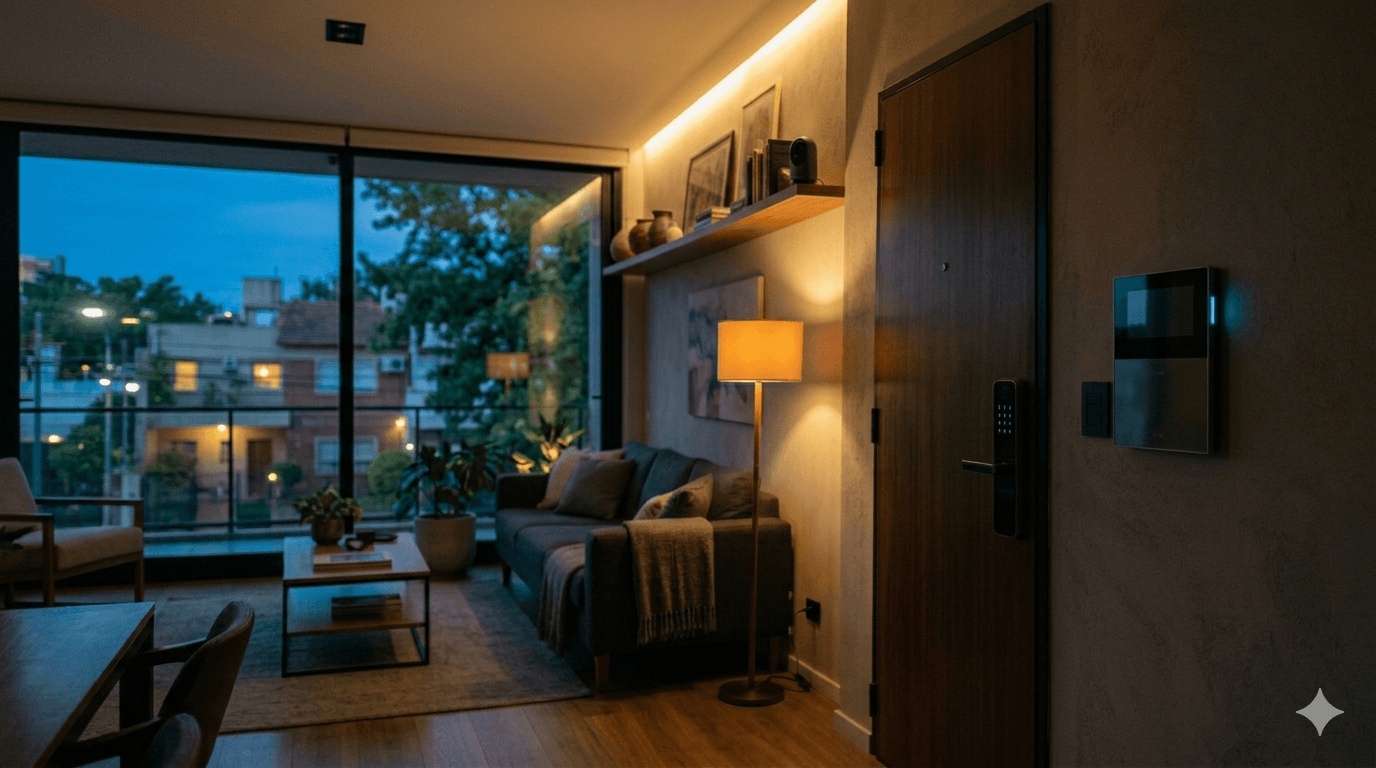 Interior de hogar moderno con sistema de seguridad integrado al atardecer